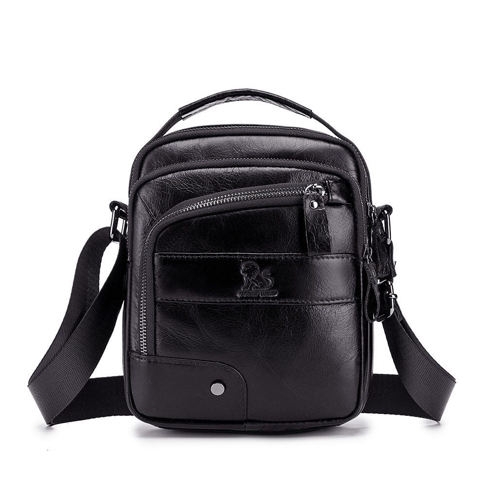 LAOSHIZI Layer of Real Leather Men's Small Bag Fashion One Shoulder Men's- Black