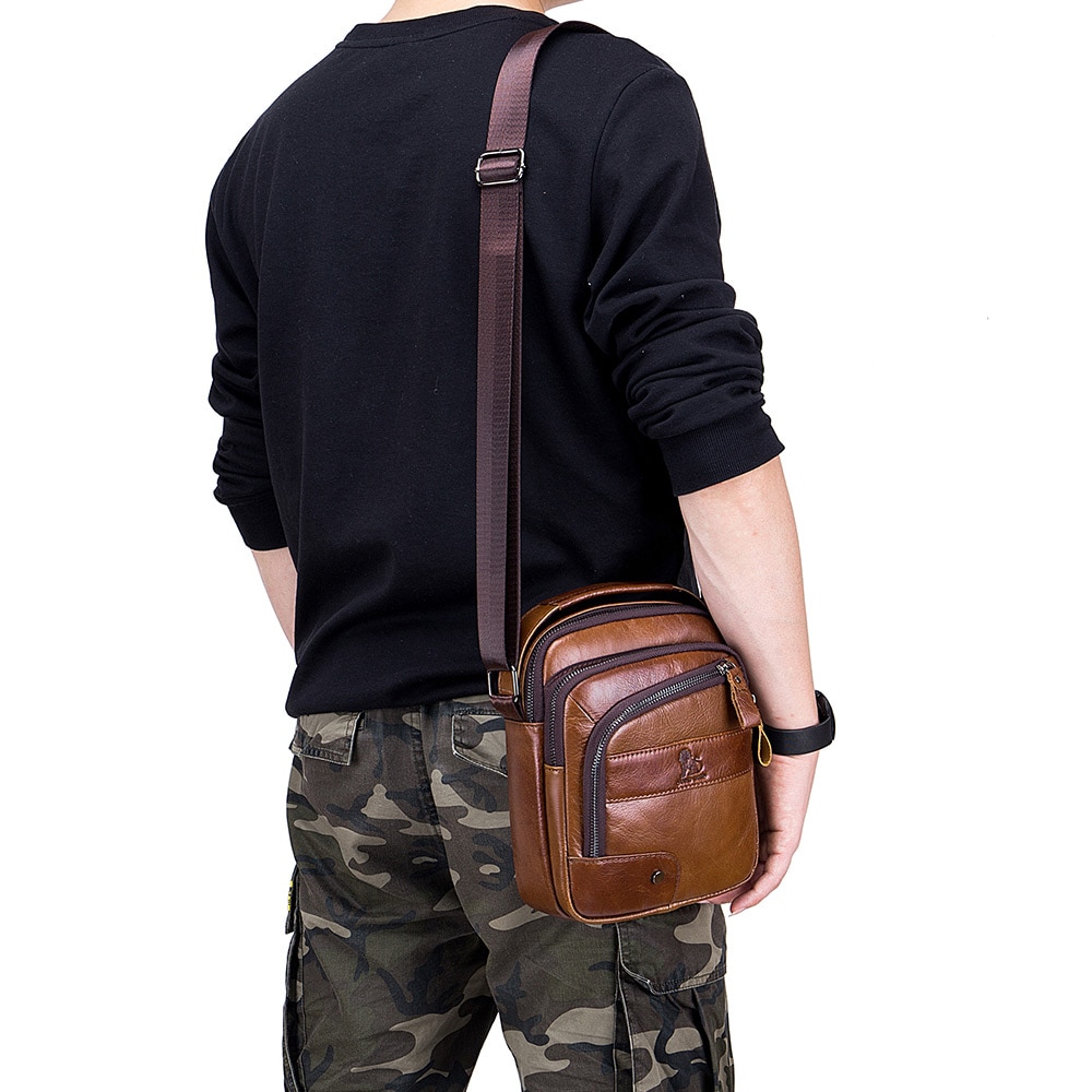 LAOSHIZI Layer of Real Leather Men's Small Bag Fashion One Shoulder Men's- Black