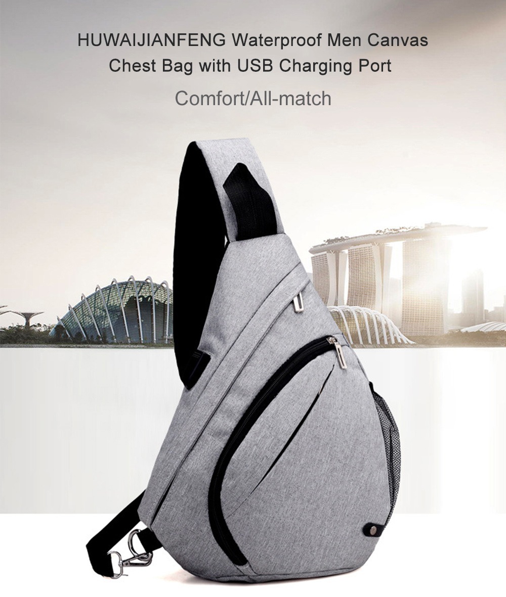 HUWAIJIANFENG Waterproof Men Canvas Chest Bag with USB Charging Port- Dark Gray