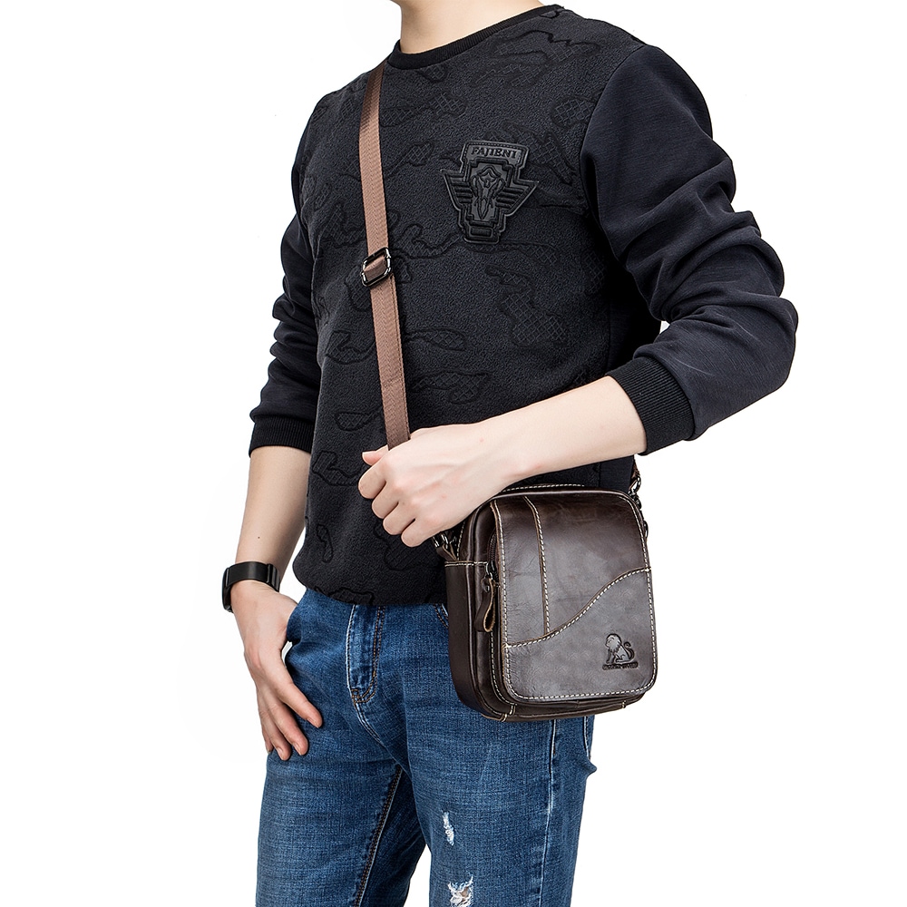 LAOSHIZI Men's First Leather Retro Lightweight Messenger Bag- Coffee