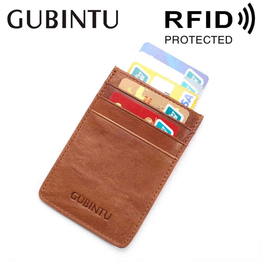 GUBINTU 111 Anti-theft Genuine Leather RFID Card Holder Mini Thin Wallet- Coffee