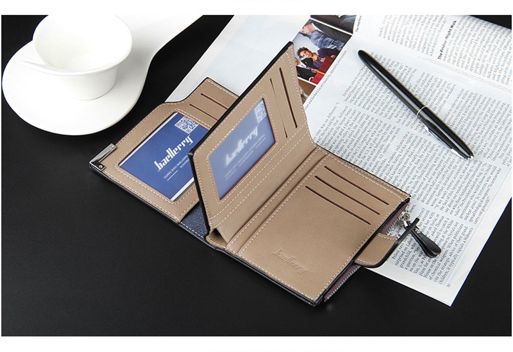 Baellerry  Men Solid Color Hardware Slice Letter Zipper Hasp Short Vertical Wallet- Coffee Vertical