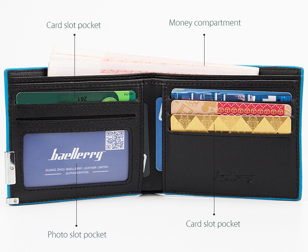 Baellerry Fashionable Solid Color Men Short Open Cash Photo Card Wallet- Black Horizontal