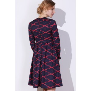Argyle Fit And Flare Long Sleeve Dress - Red S