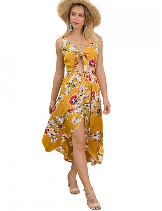 Floral Cutout Cami Dress - Yellow Xl