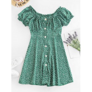 Ditsy Print Button Down Milkmaid Dress - Green S