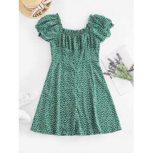 Ditsy Print Button Down Milkmaid Dress - Green S