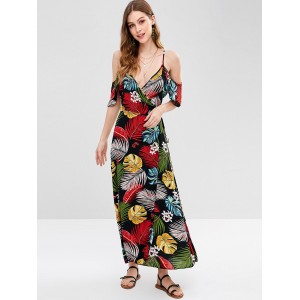 Cold Shoulder Tropical Print Maxi Wrap Dress - Multi-a M