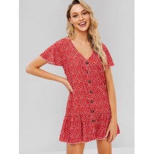 Button Up Tiny Floral Mini Dress - Red S