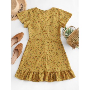 Flounced Hem Ditsy Floral Mini Dress - Yellow L