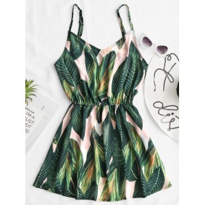 Tropical Leaf Print Cami Cover Up Dress - Green M