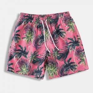 Mens Coconut Tree Print Rose Beach Shorts Mesh Lining Surf Sports Board Shorts With Pockets