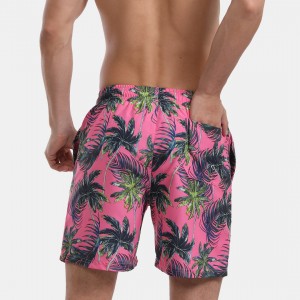 Mens Coconut Tree Print Rose Beach Shorts Mesh Lining Surf Sports Board Shorts With Pockets