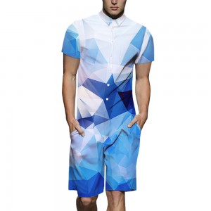 Mens Water Line Print Jumpsuit Bottons Fly Thin Breathable Quick Dry Beachwear Suit