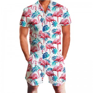 Men Hawaii Beach Print Jumpsuits Casual Short Sleeve Zipper Breathable Cotton Loungewear