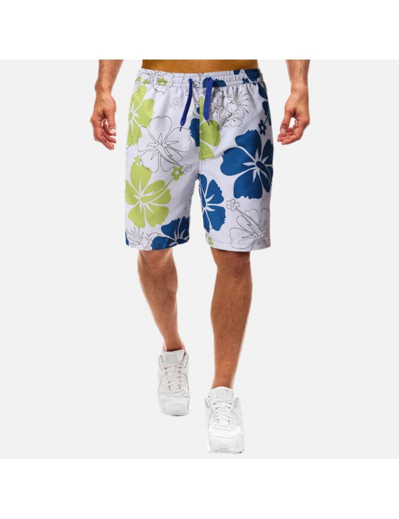Men Floral Printing Quick Drying Board Shorts Drawstring Knee Length Beach Casual Shorts