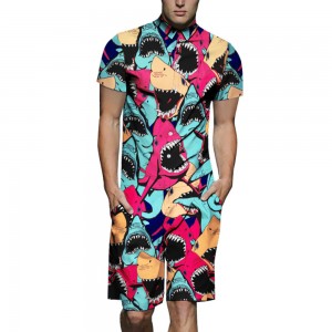 Mens Funny Cartoon Print Jumpsuit Buttons Fly Thin Breathable Beachwear Suit