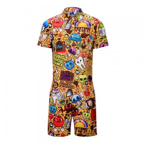 Mens Funny Cartoon Print Jumpsuit Buttons Fly Thin Breathable Beachwear Suit
