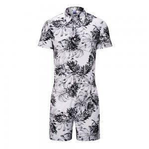 Mens Ethnic Style Dragon Floral Print Turndown Collar Soft Jumpsuit Beachwear Suit