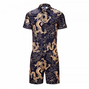 Mens Ethnic Style Dragon Floral Print Turndown Collar Soft Jumpsuit Beachwear Suit