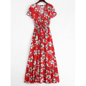  Surplice Floral Low Cut Slit Dress - Red L