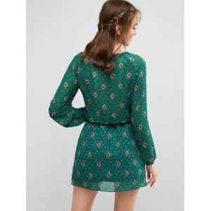 Long Sleeve Printed Casual Dress - Sea Turtle Green S