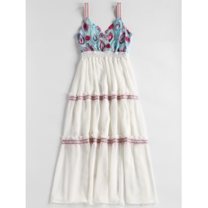 Embroidered Tulle Bodice Midi Prom Dress - White M
