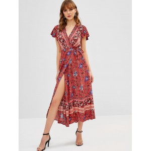 Floral Butterfly Sleeve Flounce Wrap Dress - Red M
