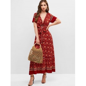 Tie Front Floral Ruffles Maxi Dress - Red L