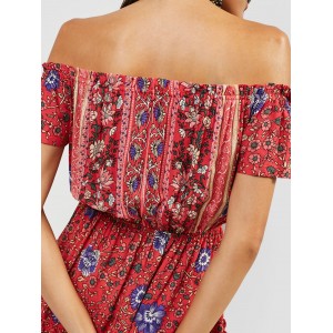 Ethnic Floral Off Shoulder Bohemian Dress - Red S