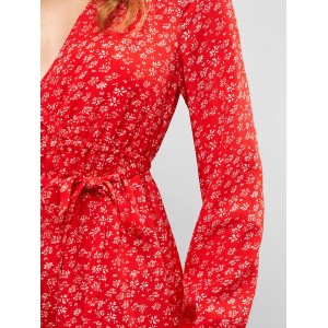  Ditsy Print Waist Tie Surplice Dress - Lava Red S