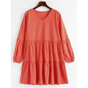 Long Sleeve V Neck Casual Smock Dress - Orange M