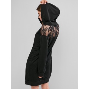 Lace Panel Raglan Sleeve Drawstring Hoodie Dress - Black L