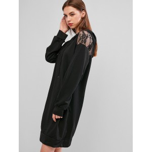 Lace Panel Raglan Sleeve Drawstring Hoodie Dress - Black L