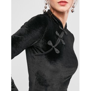 Mandarin Collar Velvet Slit Bodycon Dress - Black M