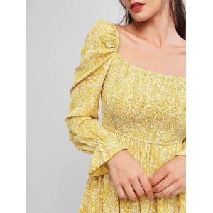  Tiny Flower Poet Sleeve Shirred A Line Dress - Corn Yellow S