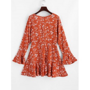 Flare Sleeve Floral Surplice Mini Dress - Papaya Orange S