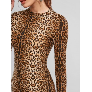 Long Sleeve Tiger Leopard Midi Bodycon Dress - Dark Goldenrod S