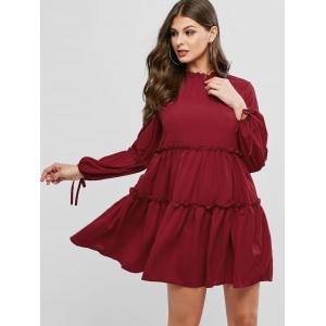 Ruff Collar Frilled Long Sleeve Tie Dress - Red Wine L