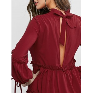Ruff Collar Frilled Long Sleeve Tie Dress - Red Wine L