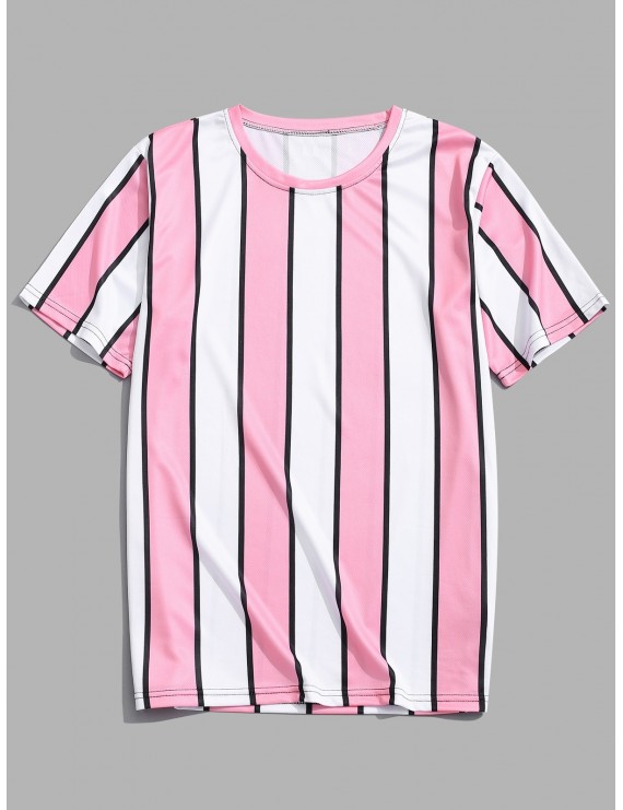 Color Block Striped Print T-shirt - Pink M