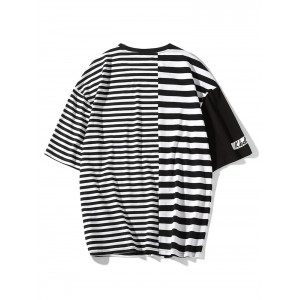 Striped Print Panel Short Sleeves T-shirt - Black L