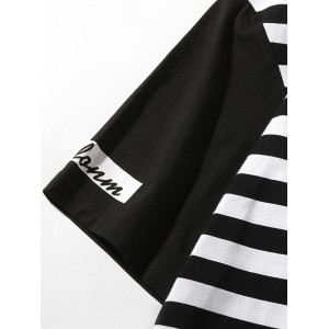 Striped Print Panel Short Sleeves T-shirt - Black L