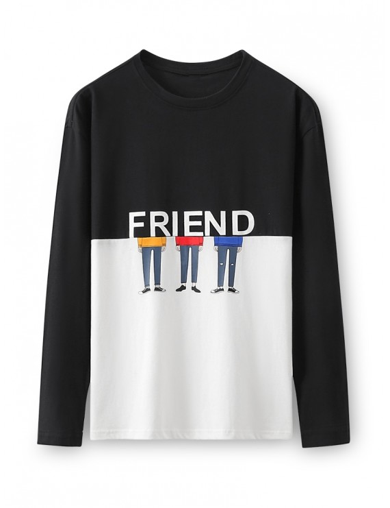 Two Tone Friend Cartoon Character Long Sleeve T-shirt - Black M