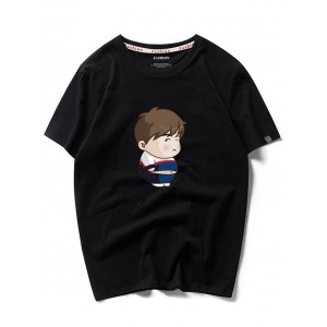 Cartoon Boy Print Short Sleeves T-shirt - Black L