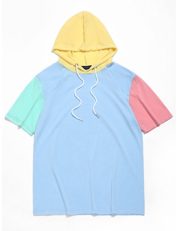  Color Block Panel Hooded T-shirt - Day Sky Blue Xl