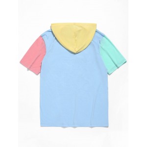  Color Block Panel Hooded T-shirt - Day Sky Blue Xl