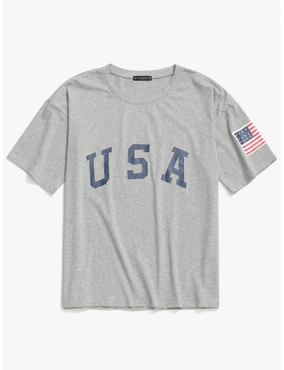  USA Letter American Flag Print Casual T-shirt - Light Gray 2xl