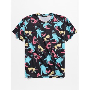  Short Sleeves Allover Shark Print T-shirt - Black 2xl
