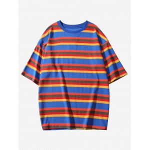 Striped Print Short Sleeves Casual T-shirt - Ocean Blue M